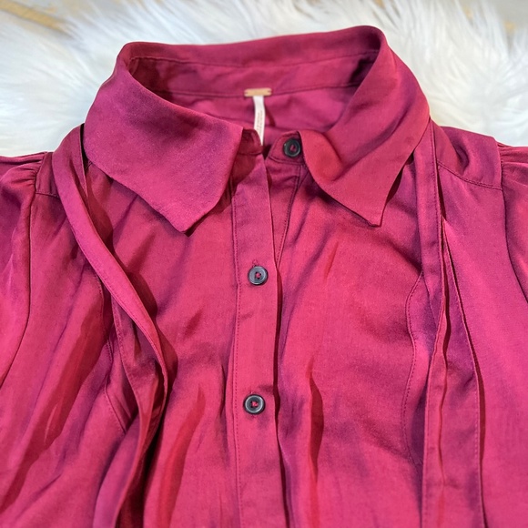 EUC ✵☽Free People☾✵ Silky Red + Purple Button Down Blouse Top + Sash Tie | Small - Picture 8 of 16